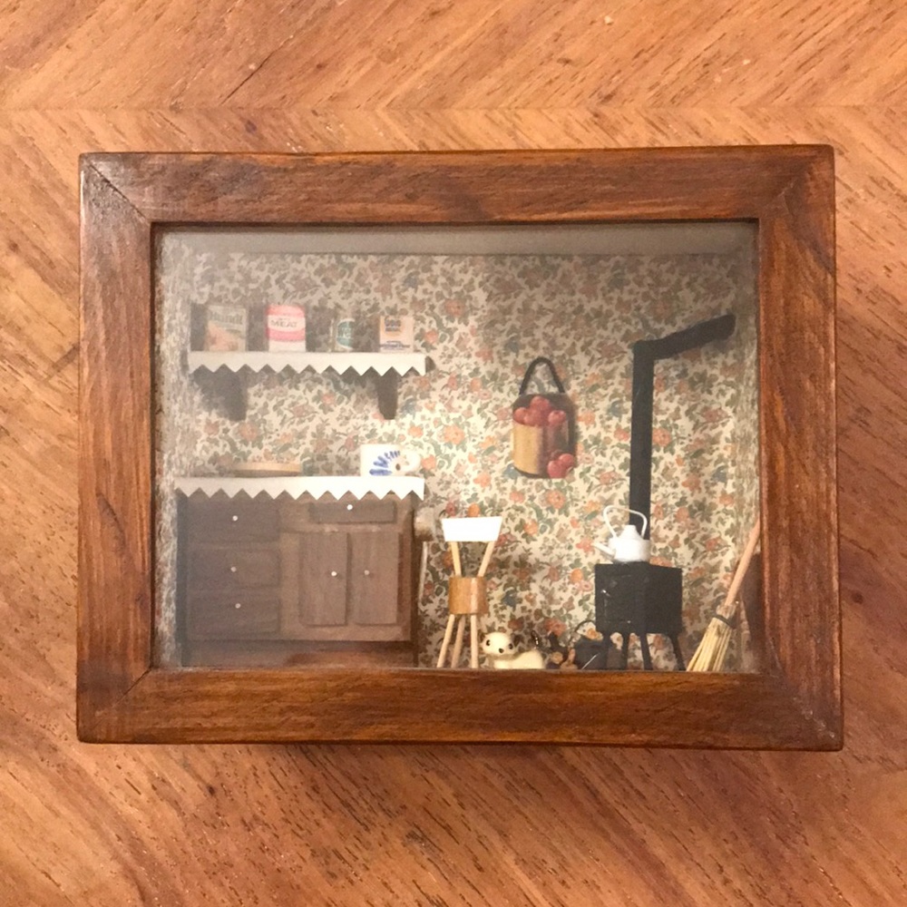 Miniature room box vintage kitchen with kitten